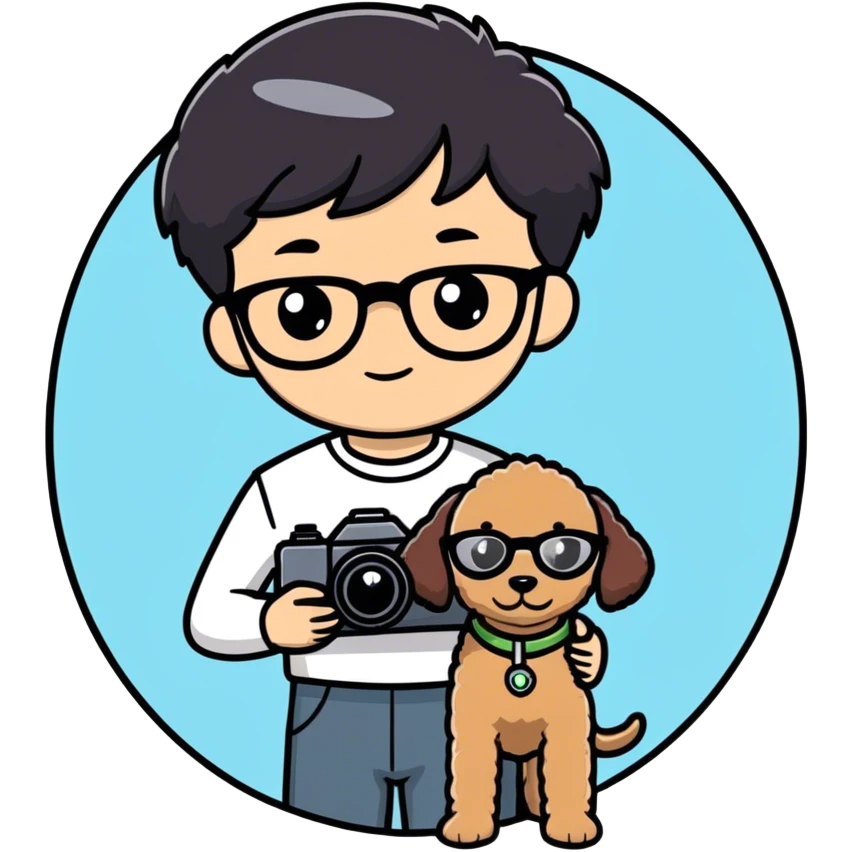 A little boy with straight black medium-length hair, white skin, and black eyes wearing black-framed glasses is taking photos on a UFO with a camera. Beside him, there is an alien and a brown round-headed teddie poodle. emoji