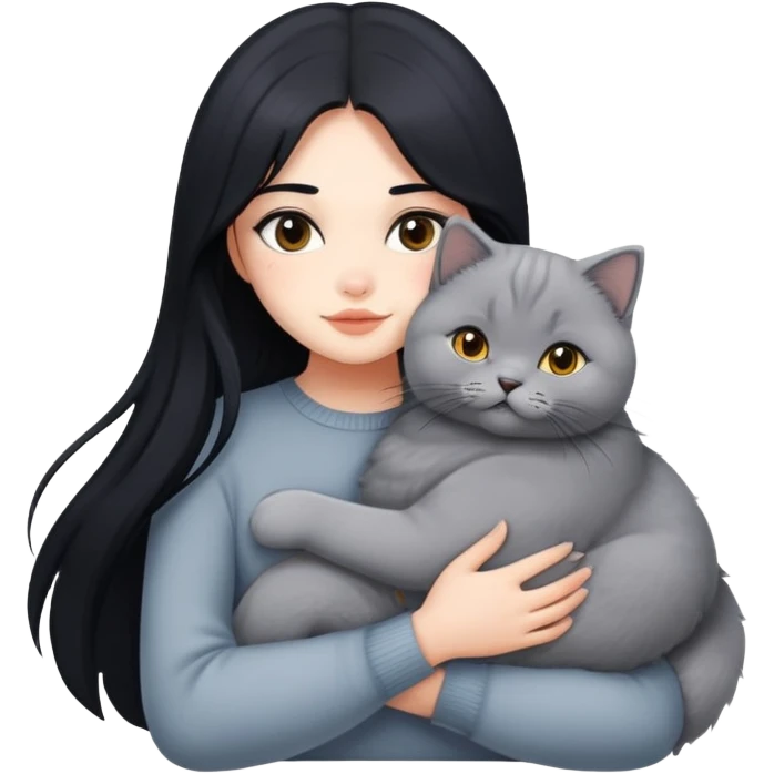 A beautiful girl with long black hair hugs a British Shorthair emoji