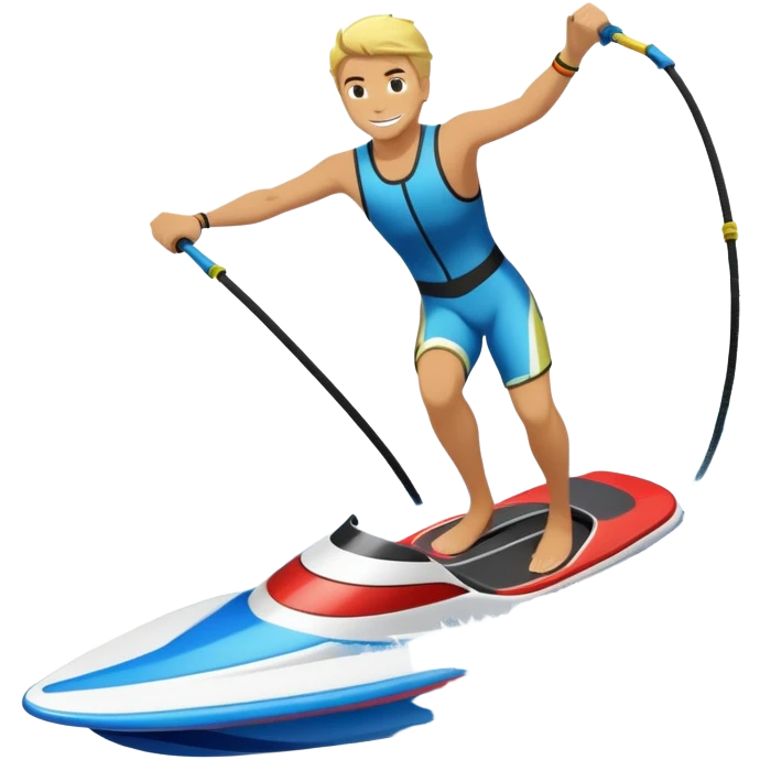 An icon showing an athlete balancing on two water skis, holding onto a rope pulled by a speedboat. Water splashes trail behind as the skier rides across the surface with no poles. Transparent background emphasizes the excitement and balance of water skiing. emoji