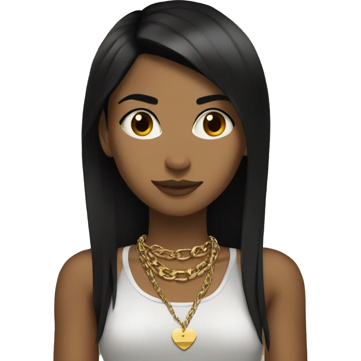 Black straight hair girl with tan skin, brown eyes and punk shitt with a gold necklace emoji