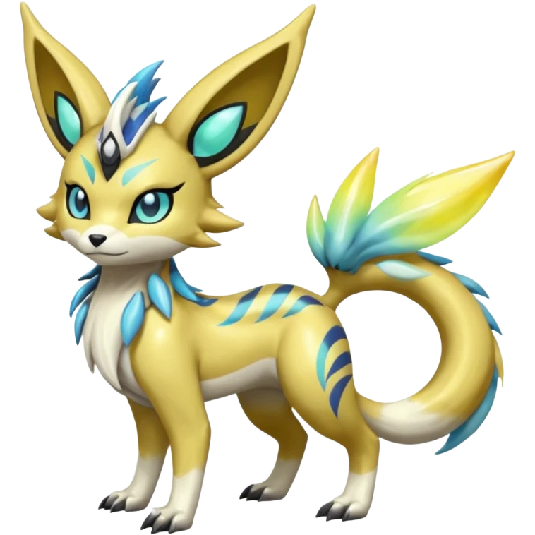 Splash-marked Exotic Meloetta-Zeraora-Lombax-Renamon-Protogen-Palkia-hybrid-fusion-Fakémon-creature, full body emoji