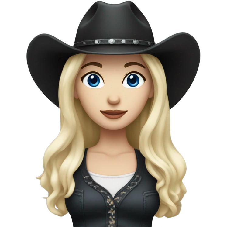 pale skin woman, black hair, black cowgirl hat, blue eyes emoji