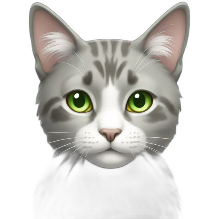 cat grey fur with white stains and green eyes emoji