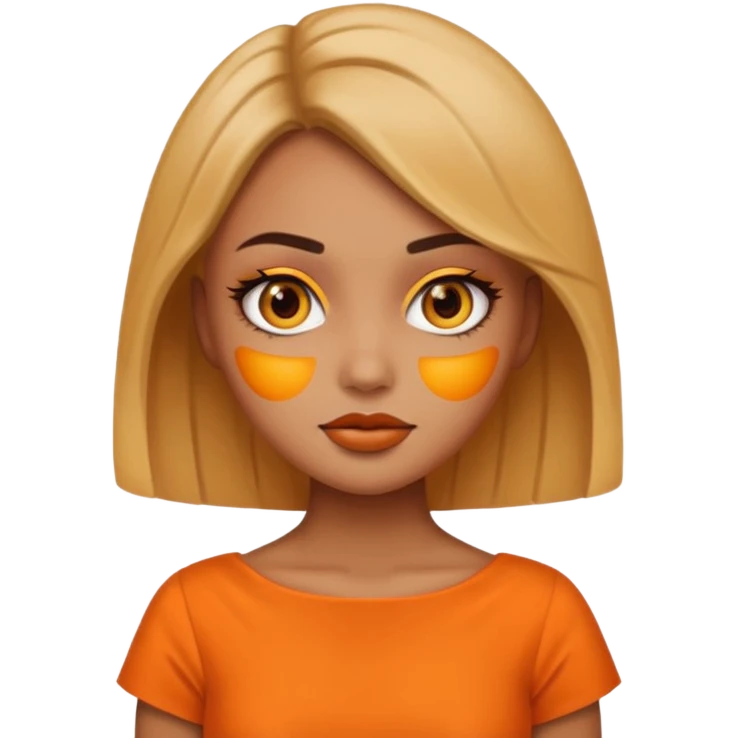 A girl tan skin face emoji with skin head styled, dramatic makeup and an orange dress. emoji