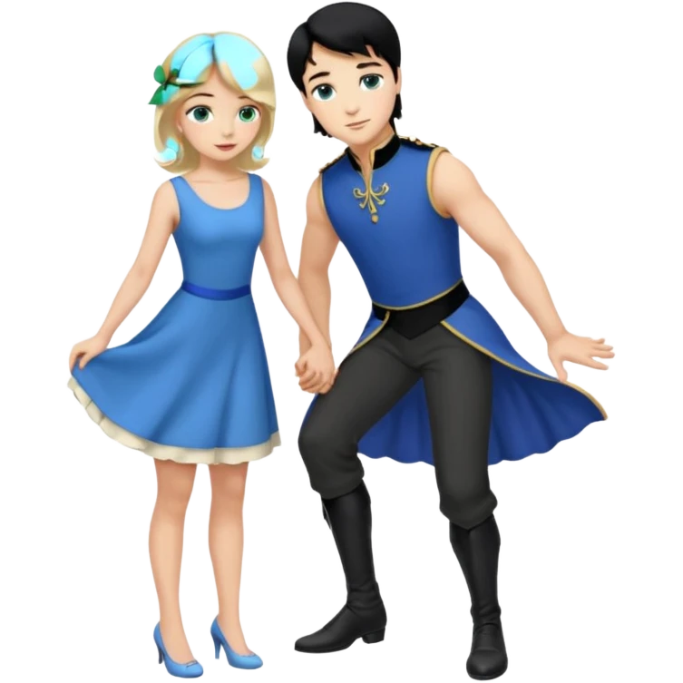 prince, black hair, blue eyes, blue garment,  Woman, blonde Hair, green eyes, bending knee, sleveless white dress, emoji