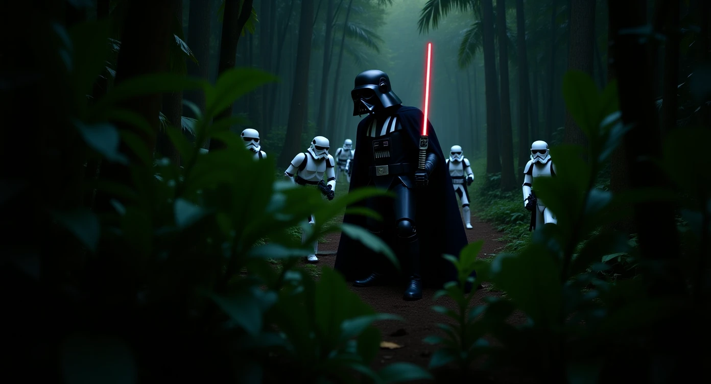 cinematic still, Closeup shot, amazon jungle,  blurred plants in the foreground (frame within a frame), Darth Vader around stormtroopers coming out from starship on ground, they are exploring the jungle, inspired by StarWars movie, captured by arri alexa emoji