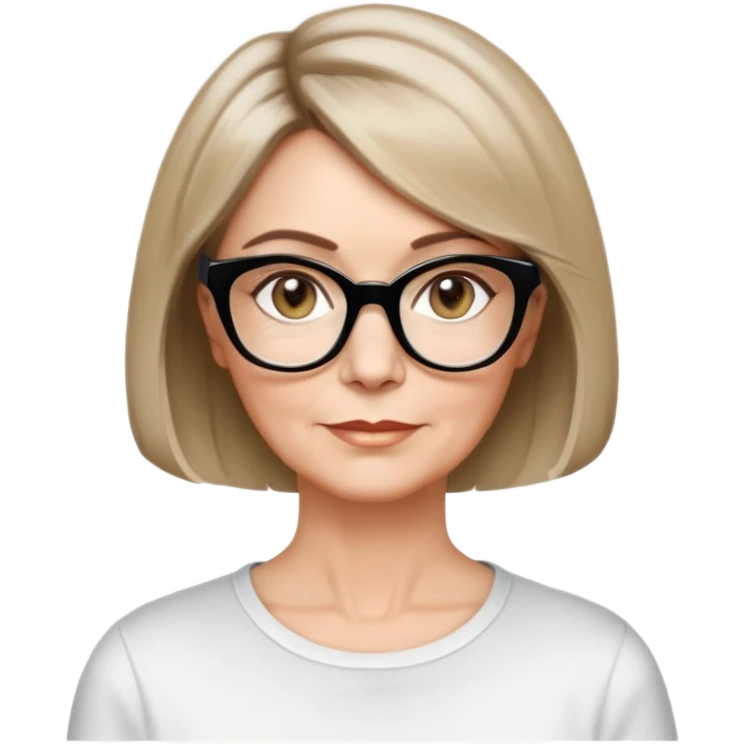 white woman about 50 years old, light warm skin, short bob haircut to neck with slight waves at ends, medium brown hair with soft highlights, neutral expression, large black shiny butterfly or cat-eye glasses, white casual t-shirt, calm and creative energy emoji