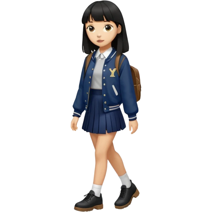 hair : black long hair with fringe 
skin : light 
outer : deep brown varsity jacket (oversize) 
skirt : navy long long school girl skirt (under knee)  
motion : walking alone 


 emoji