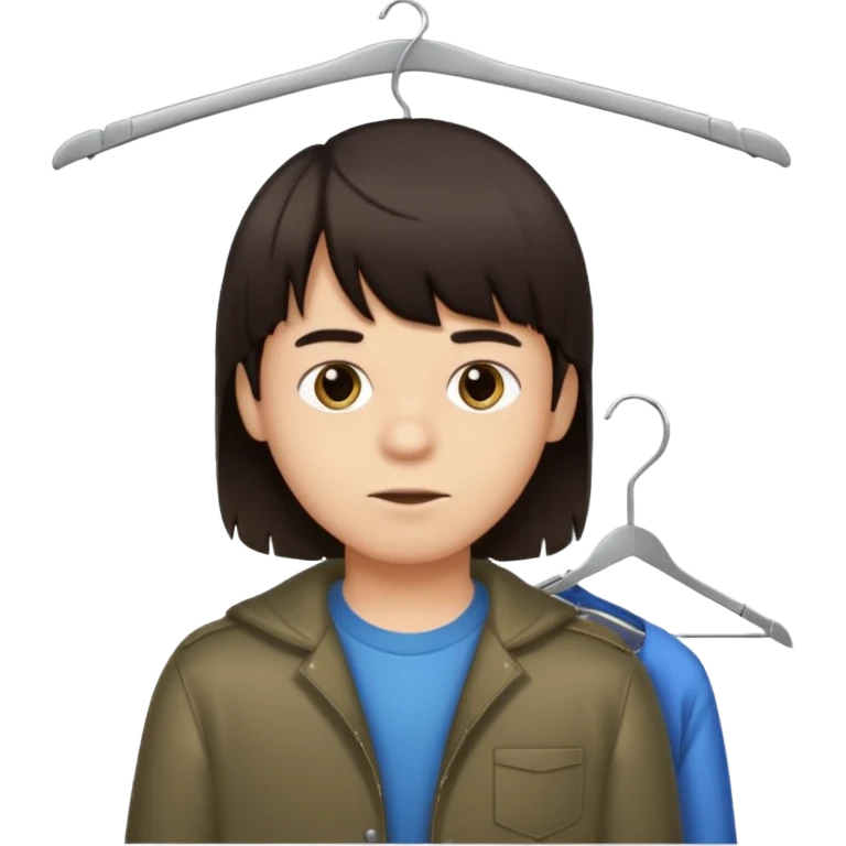 boy dark brown hair with bangs with straight eyebrows with  clothing hanger emoji