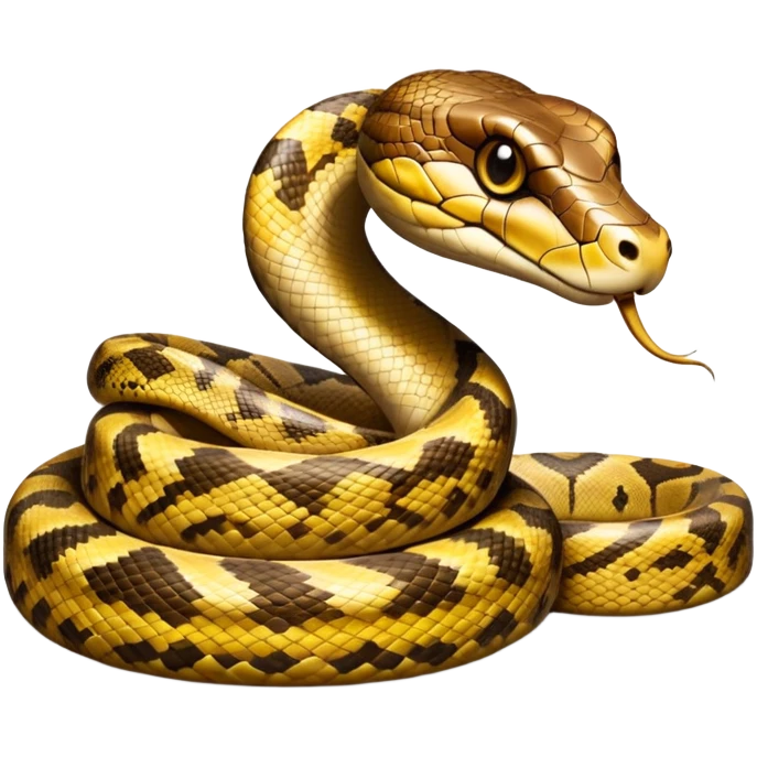 cinematic-python-realistic-full-body-coiled-emoji,-thick-scaled-body-looped-tightly,-intricate-brown-and-gold-patterned-scales-reflecting-light,-head-tilted-dramatically,-slitted-eyes-staring-calmly,-simplified-yet-realistic-focused-feature emoji