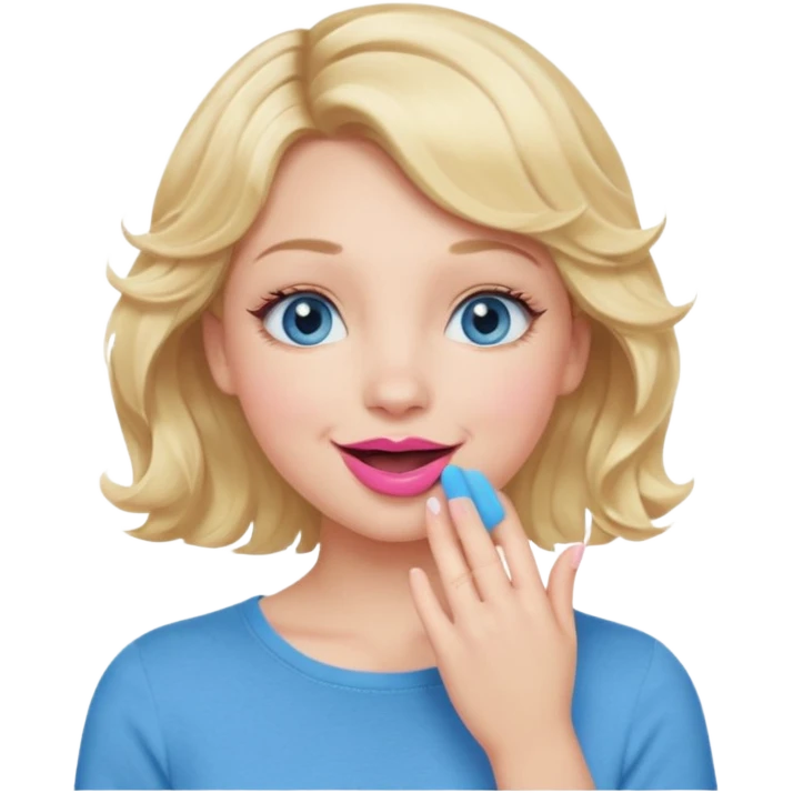 Girl Blonde short wavy hair,  blue eyes, cute blue top, long lashes, pink lips, smiling, hand over the mouth emoji