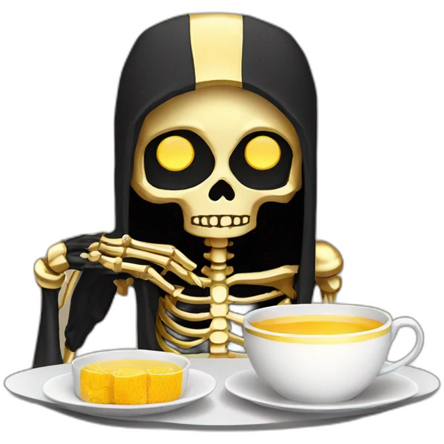 a golden skeleton with black hair and golden eyes drinking tea pixel art emoji