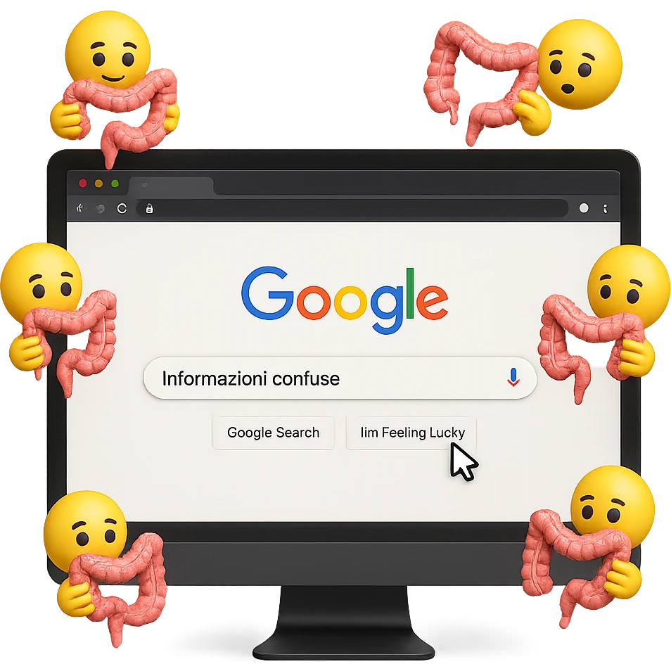 SCHERMO DI PC CON LA SCRITTA "informazioni confuse" SULLA BARRA DI RICERCA GOOGLE SULLO SCHERMO E IL CLICK DEL MOUSE SULLA SCRITTA CERCA, stile emoji iphone fluttuano in aria stringendo in mano un pezzo di colon intestinale, iperrealistico 4k emoji