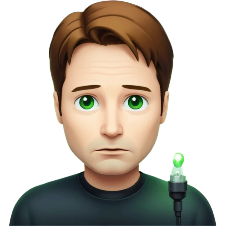 Mulder from the x-files is looking very very worried (not trusting anyone today). A transparent green beam of light from a UFO illuminates him. emoji