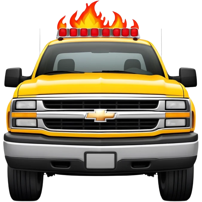 Yellow 1997 Chevrolet C-2500 Crew Cab Silverado with red flame design only on the front bumper, 30-degree view showing detailed bumper flames, Kill Bill movie vehicle, iOS emoji style emoji