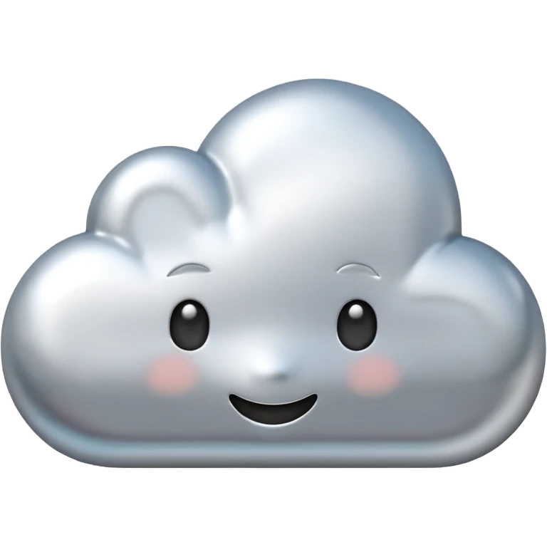 A cute cloud emoji made of silver chrome, smooth rounded shape, glossy metallic surface, soft reflections, minimal and friendly design, iOS emoji style, centered, clean white background, soft lighting emoji