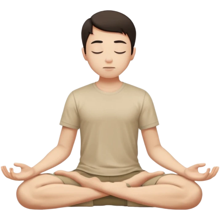 rapaz magro cabelo escuro, camiseta bege e  bermuda bege escuro, corpo inteiro meditan emoji