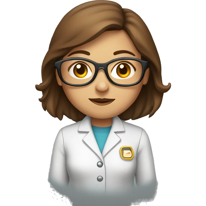 Female scientist emoji with long brown hair, wearing round glasses and a lab coat, facing forward. emoji