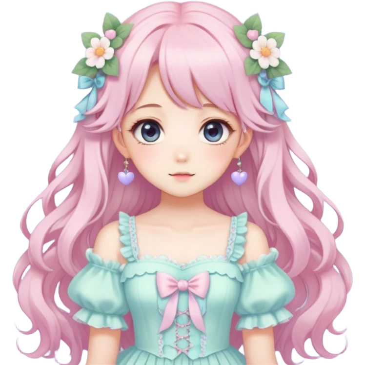 cute kawaii anime pastel lady with beautiful hair, wearing a gorgeous dress, fairycore cottagecore style, highly detailed, trending aesthetic emoji