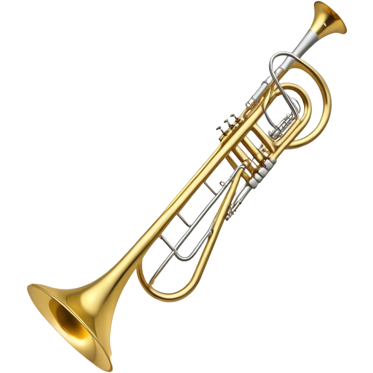 Create an elegant and detailed emoji representing the Bach Bb/F tenor trombone. The design should feature the smooth, shiny brass body of the trombone, showcasing its large, flared bell and curved tubing. Highlight the tuning slide with its polished metal finish, and the mouthpiece should be clearly visible. The trombone’s surface should have a gleaming brass tone with subtle silver accents around the mouthpiece and slide. Add a few musical notes or soundwaves emanating from the bell to emphasize the powerful sound of the trombone. Use golden and brass tones with reflective light effects to enhance the trombone’s professional and high-quality appearance. The background should be transparent. emoji