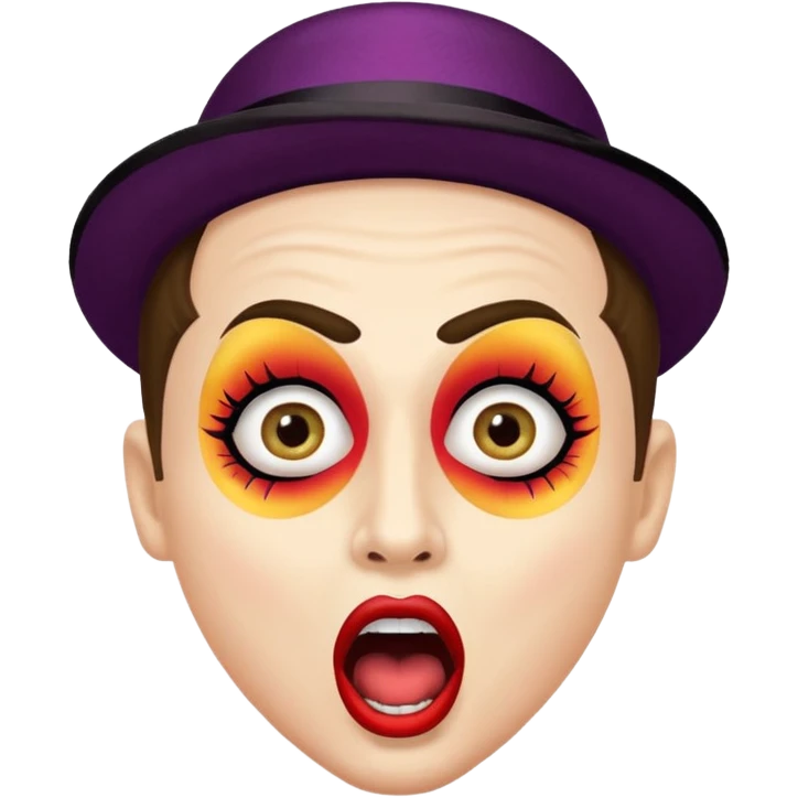 portrait of a cabaret actor with a whitened face and made-up eyes and mouth, his mouth wide open and his gaze shocked emoji