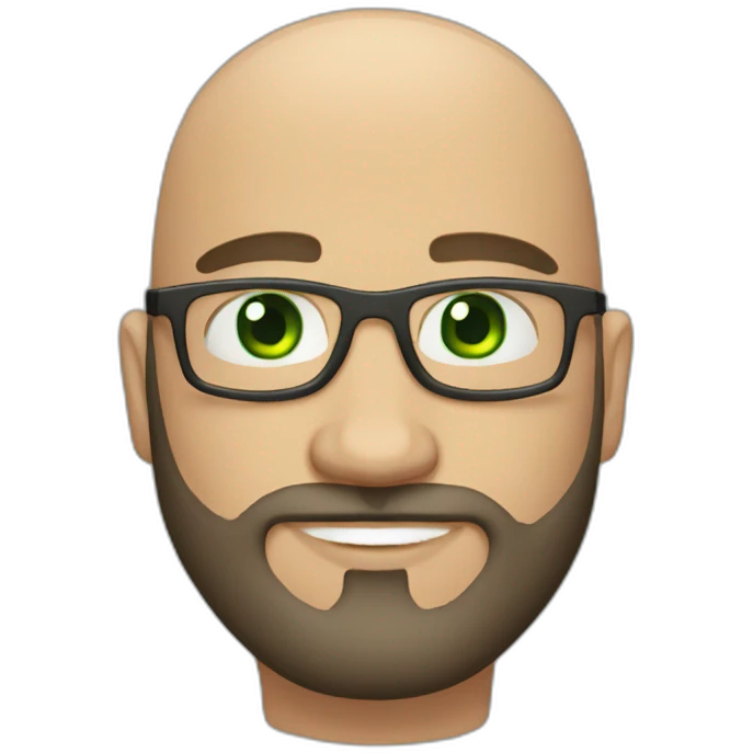 bald guy with strong beard, green eyes, sour face and carey glasses emoji