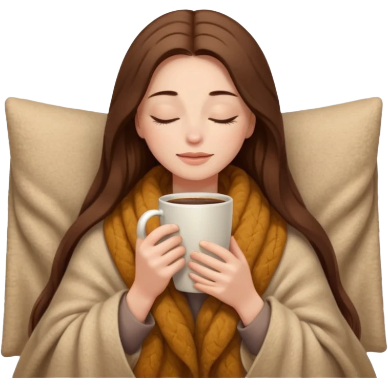 long brown hair woman closed eyes hiding under a cozy wool beige blanket, holding cup of coffee, autumn mood emoji