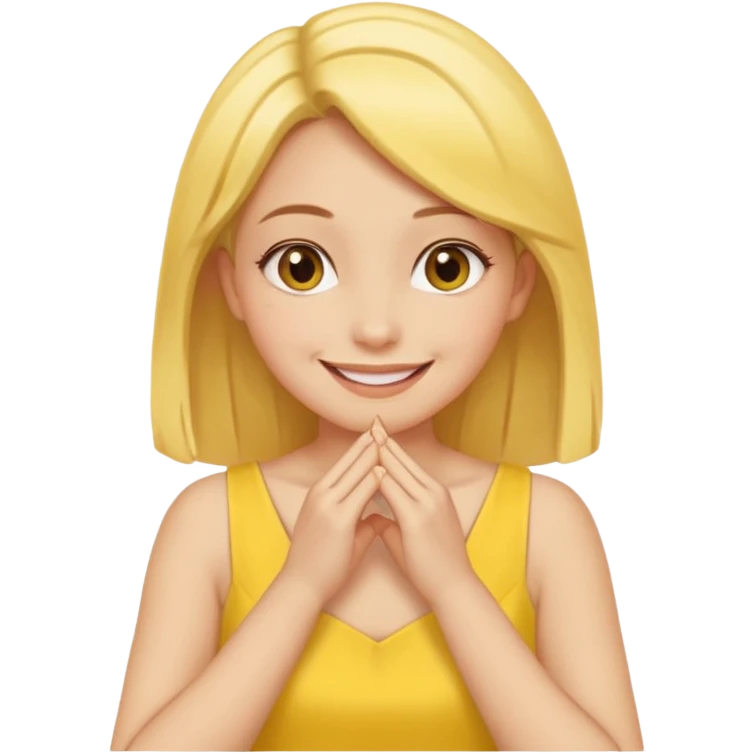 yellow smiling face girl with both hands flat under chin fingers touching emoji