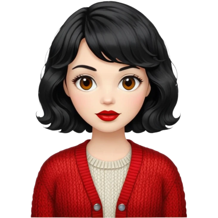 Alluring 1970's French girl french shiny black wavy textured bob haircut tousled hair red lips wearing knitted cardigan emoji