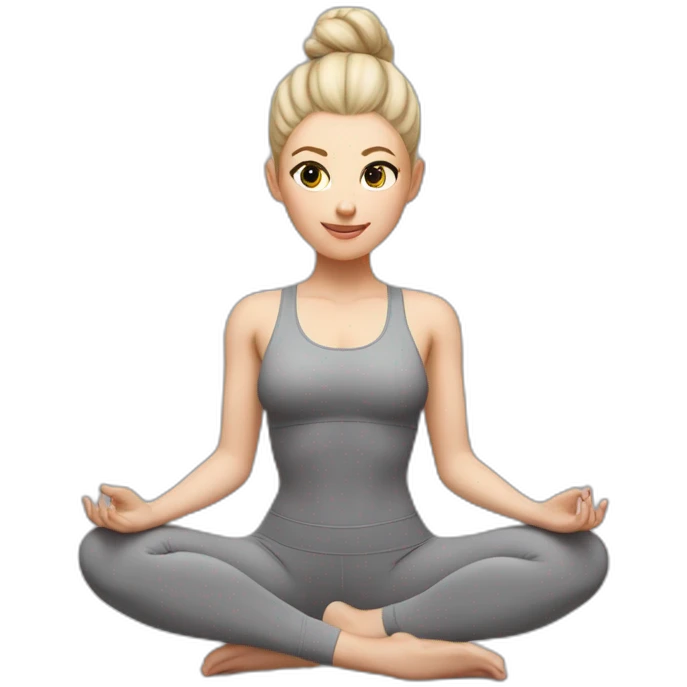 Pale skinned fit woman In a gray tight yoga suit and wristbands With ash blonde hair in a bun doing yoga emoji