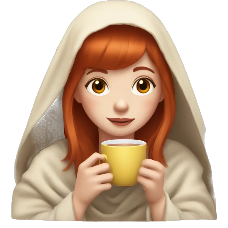 Redhead girl with straight bangs drink tea under blanket emoji