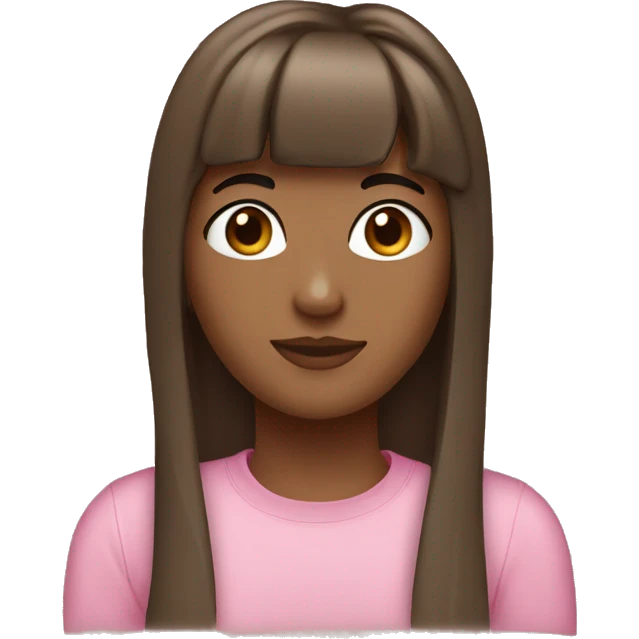 27 years old girl, brown long air with curtain bangs, brown eyes, clear skin, pink tshirt  emoji