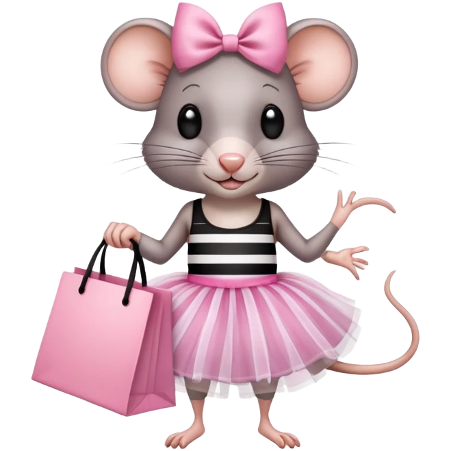 rat with a pink dress and tutu holding a black and white striped shopping bag emoji