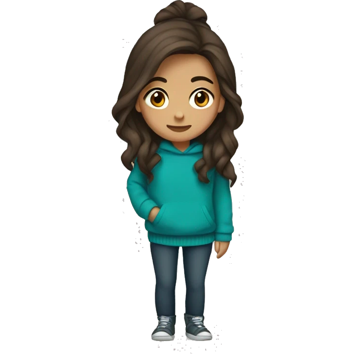 teenage girl, hispanic, long brown hair, brown eyes, teal sweater, winter emoji