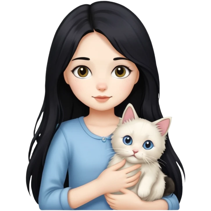 A girl with long black hair holding a cute  Ragdoll cat emoji