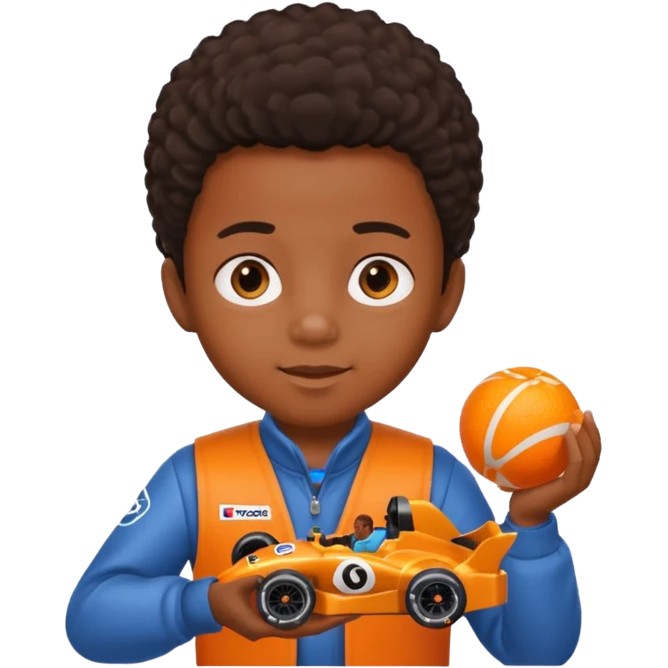 black kid playing orange colored formula 1 toy emoji