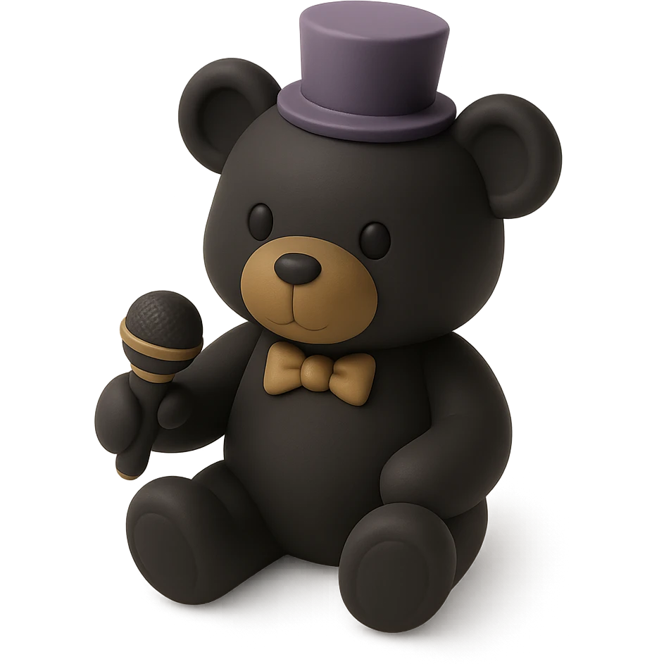 yellow bear plushy with a purple top hat and a mic emoji