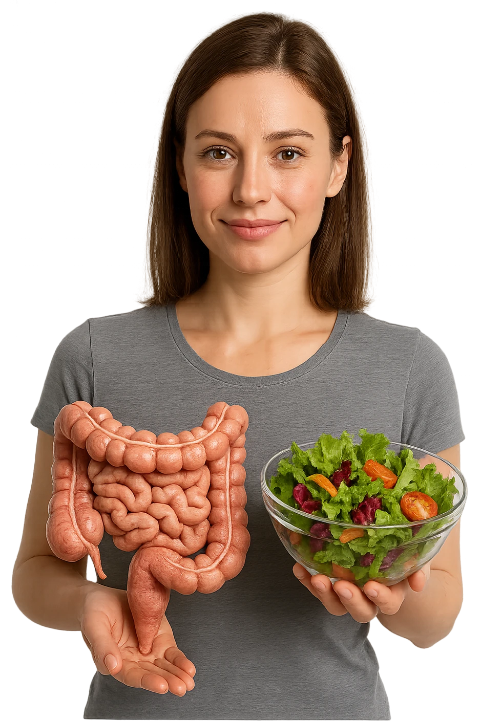 DONNA CON INTESTINO UMANO ANATOMICO CON INSALATA IN MANO, iperrealistico 4k, SFONDO BIANCO emoji