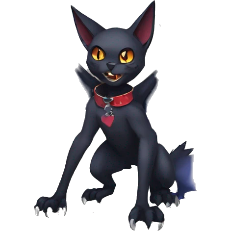  cool edgy anthro dark-themed animal vampiric bat-cat-hybrid Fakemon  with a collar full body emoji
