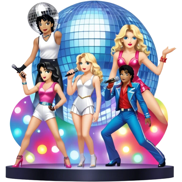 Pop music icon: vibrant stage with bright lights, microphone, synthesizer, disco ball. Collage of famous pop artists—Michael Jackson, Madonna, Britney Spears, and Taylor Swift—symbolizing iconic eras. Energetic and dynamic. Transparent background. emoji