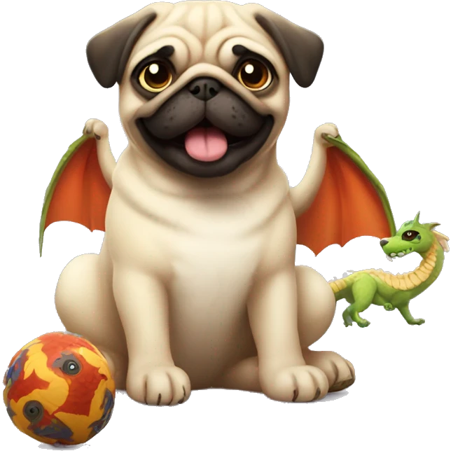 Fluffy pug playing with toy dragon emoji