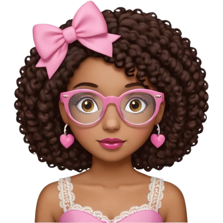 medium kinned afro-latina girl with medium length chocolate brown side part curly hair, small pink bow on the side, with brown glasses, brown eyes, noes piercing, pink and white sweekhart necklined top with lace, round wide-ish nose emoji