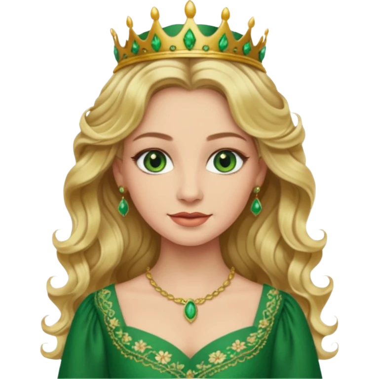 Queen, blonde wavy hair, green eyes, long green dress emoji