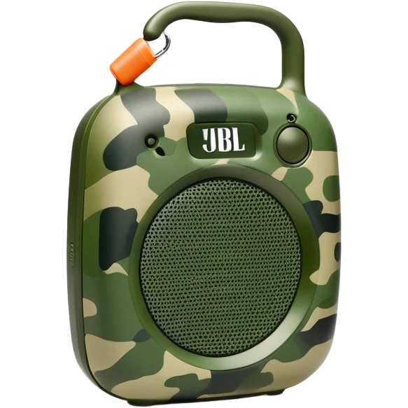 Minimalist JBL Clip 4 speaker with classic green army camouflage pattern, iOS emoji style emoji