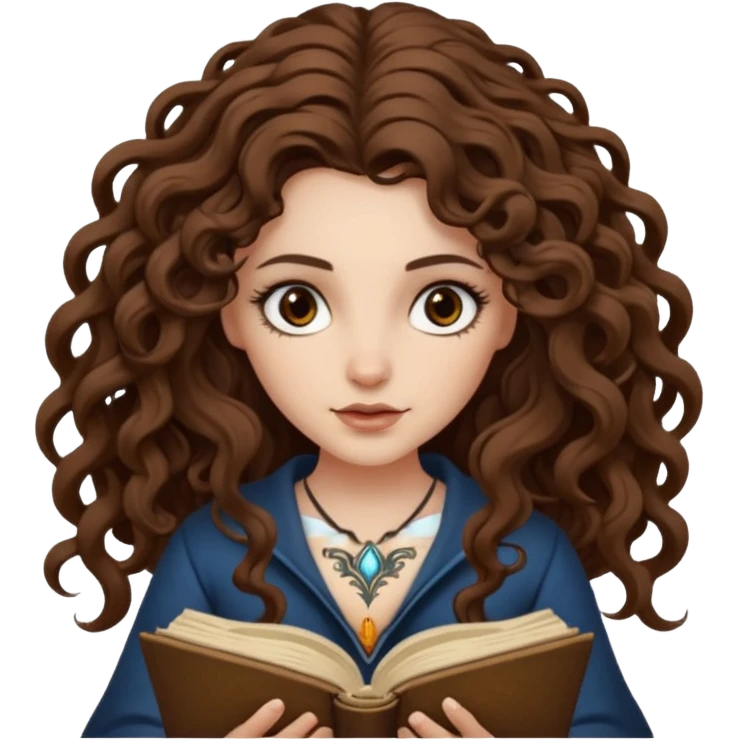 woman with long curly brown hair, brown eyes, white skin, tattoos, reading a spellbook that grows roots instead of pages emoji