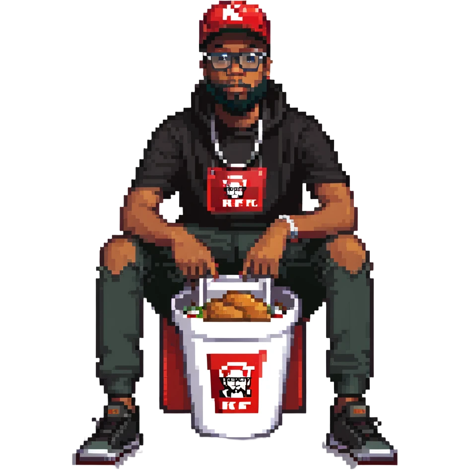 BBNO$ rapper sitting in a KFC bucket, glasses, beard, snapback cap emoji