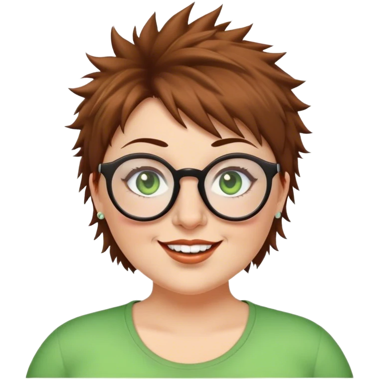  plus size white women round nose with short  brown shaggy spiked hair wearing glasses green eyes happy emoji