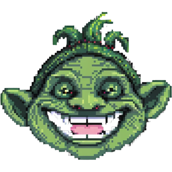 Pixelated troll face meme with signature grin, YouTube style emoji