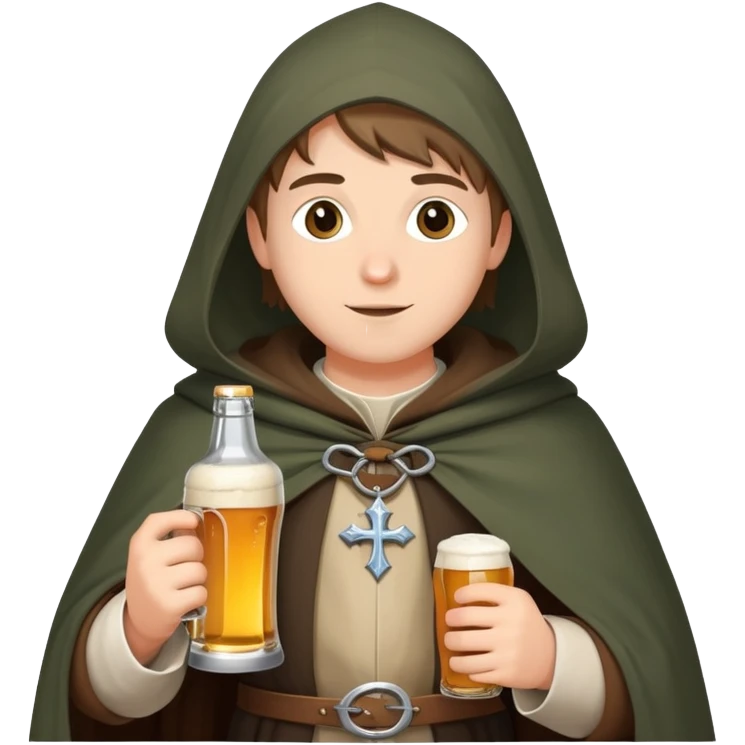 young medieval pilgrim with cloak and beer bottle emoji