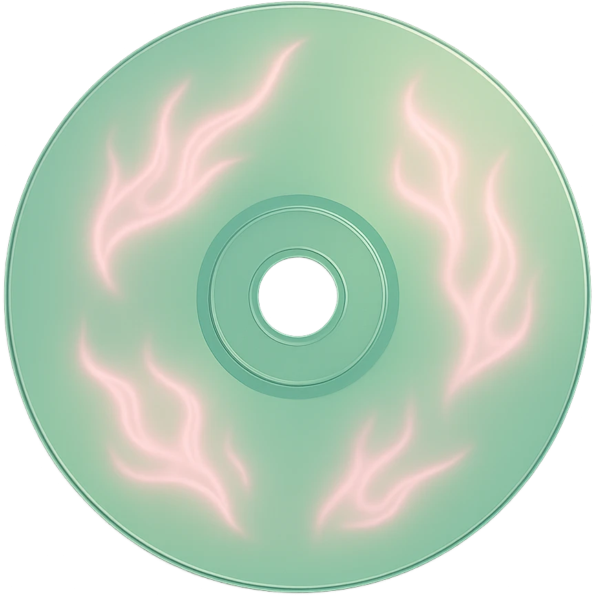 A minimalist CD disc with subtle pink flames, glowing effect, variation 2, color: green emoji